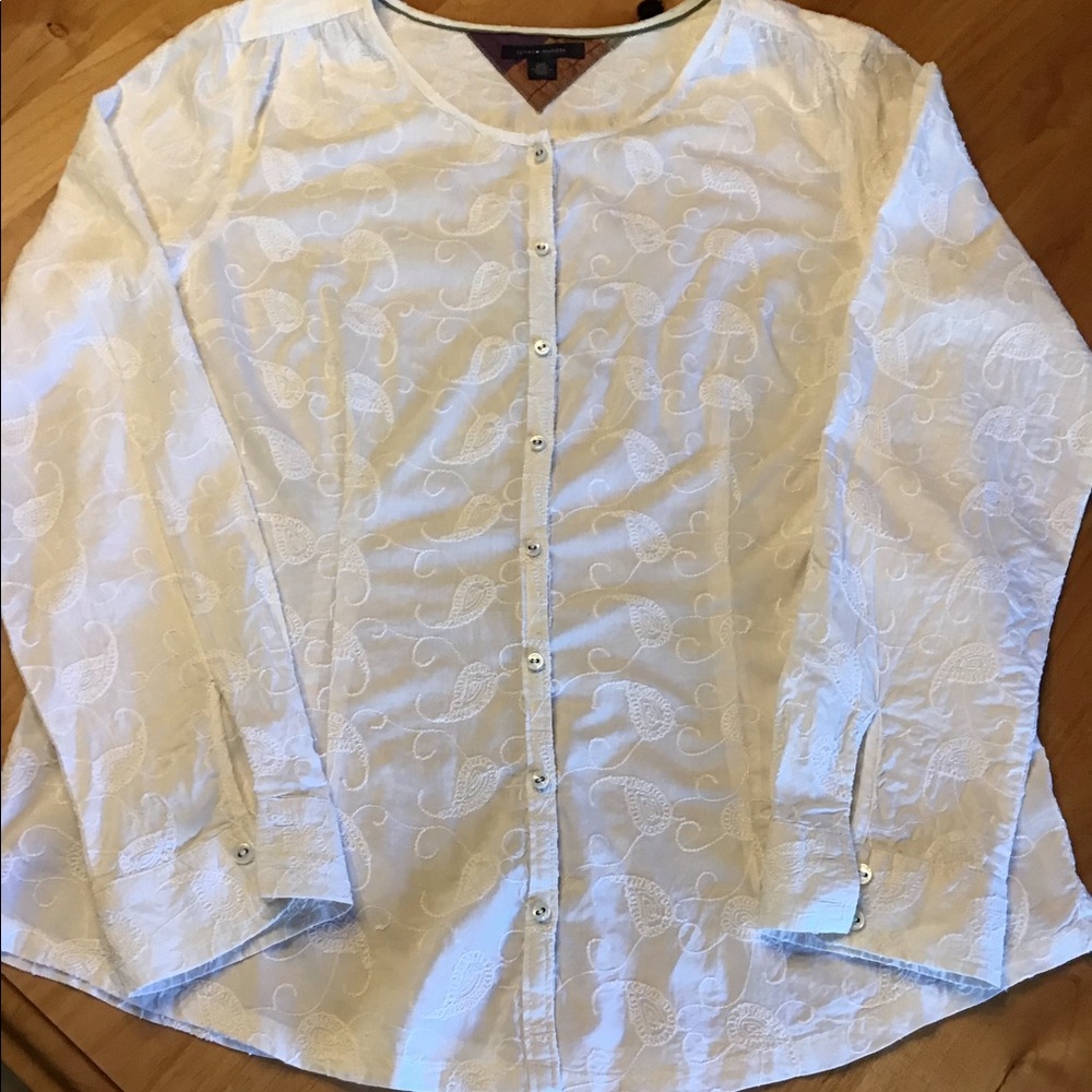 Tommy Hilfiger Cream Embroidered Blouse, Size Lg